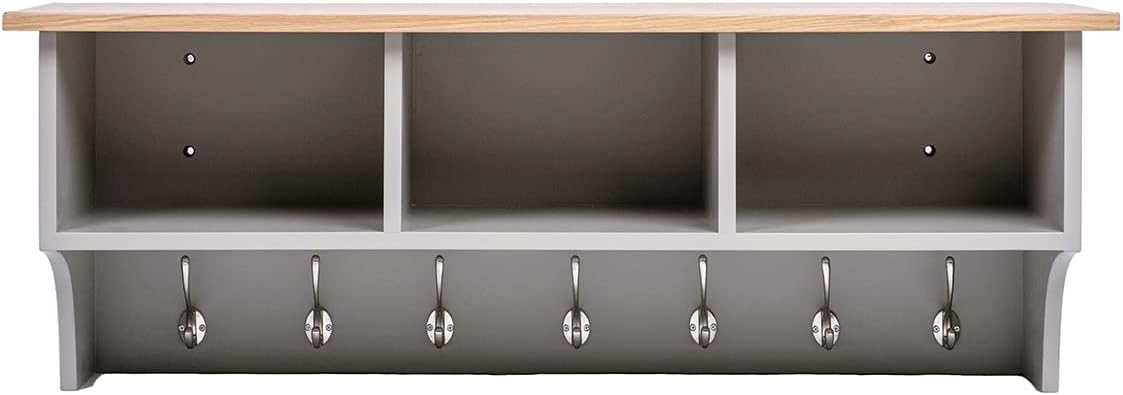 Floating Storage Shelf With Metal Hooks and Three Storage Cubbies 15.5 kg Grey