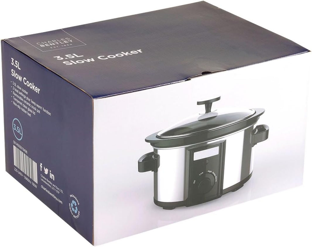 CHARLES BENTLEY 3.5L Capacity, Slow Cooker, Black, Removable Ceramic Bowl, Small, Stainless Steel, Tempered Glass Lid, Serves 2-3 People, 180W, 2 Heat Settings, Keep Warm Function (34x25.2x22.1cm)