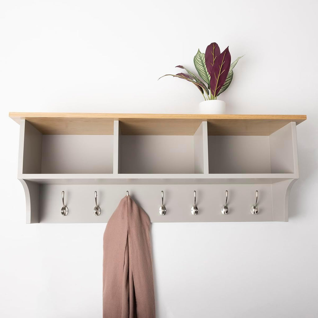 Floating Storage Shelf With Metal Hooks and Three Storage Cubbies 15.5 kg Grey