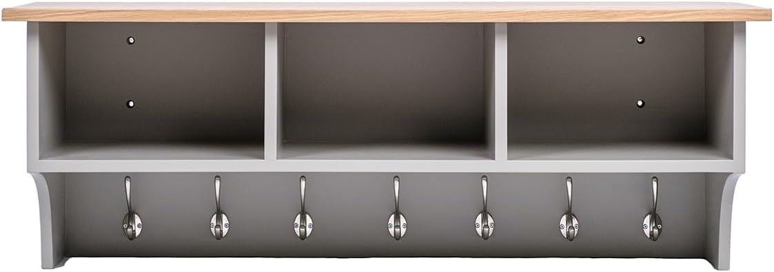Floating Storage Shelf With Metal Hooks and Three Storage Cubbies 15.5 kg Grey