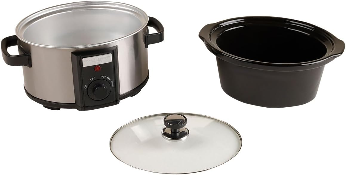CHARLES BENTLEY 3.5L Capacity, Slow Cooker, Black, Removable Ceramic Bowl, Small, Stainless Steel, Tempered Glass Lid, Serves 2-3 People, 180W, 2 Heat Settings, Keep Warm Function (34x25.2x22.1cm)