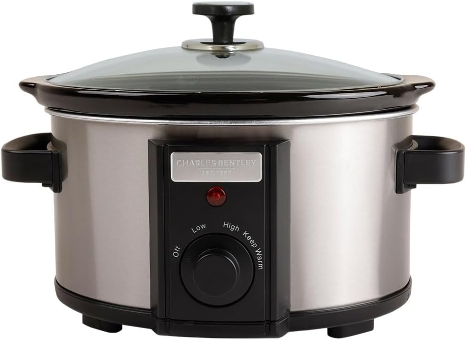 CHARLES BENTLEY 3.5L Capacity, Slow Cooker, Black, Removable Ceramic Bowl, Small, Stainless Steel, Tempered Glass Lid, Serves 2-3 People, 180W, 2 Heat Settings, Keep Warm Function (34x25.2x22.1cm)