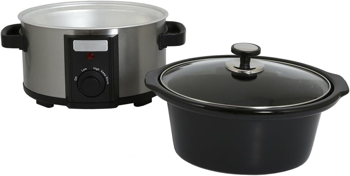 CHARLES BENTLEY 3.5L Capacity, Slow Cooker, Black, Removable Ceramic Bowl, Small, Stainless Steel, Tempered Glass Lid, Serves 2-3 People, 180W, 2 Heat Settings, Keep Warm Function (34x25.2x22.1cm)