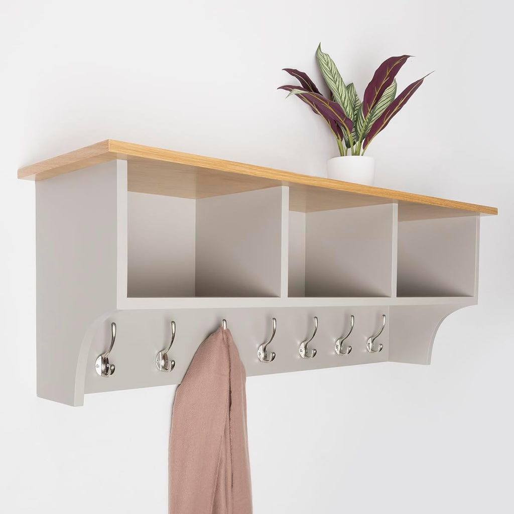 Floating Storage Shelf With Metal Hooks and Three Storage Cubbies 15.5 kg Grey