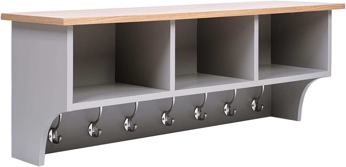 Floating Storage Shelf With Metal Hooks and Three Storage Cubbies 15.5 kg Grey
