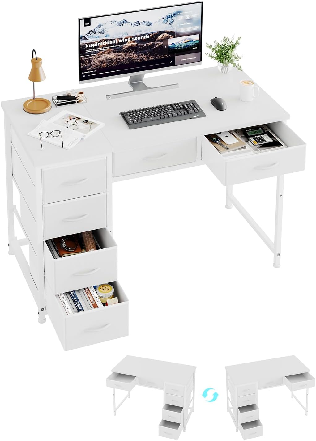 MUTUN 100x48 cm Desk, Small Computer Desk with 6 Fabric Drawers, Reversible Home Office Desk with Adjustable Feet, Work Desks for Office, Study, Vanity Table for Bedroom, White