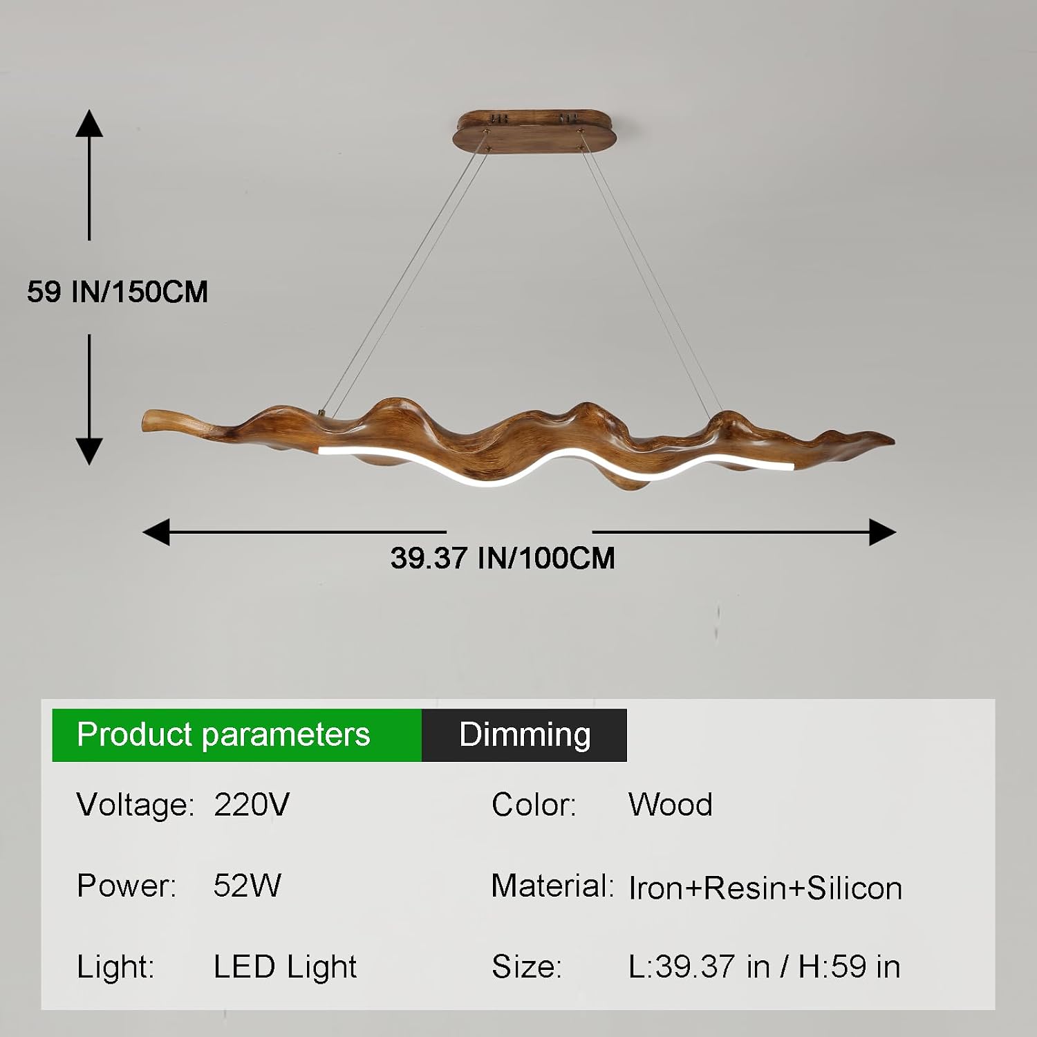 52W Kitchen Island Pendant Light 3000K-6000K Dimmable Chandeliers Hanging Lamp Adjustable with Remote Control, Wood Leaf Style LED Lighting for Kitchen Bedroom Study, 100Cm