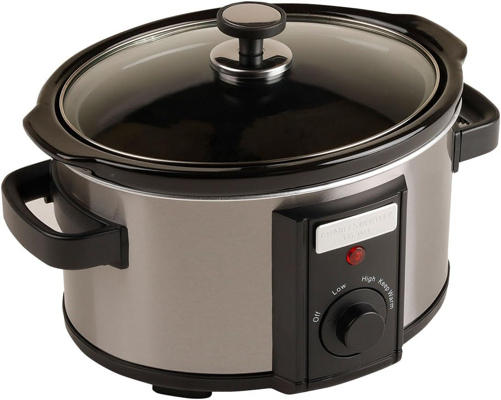 CHARLES BENTLEY 3.5L Capacity, Slow Cooker, Black, Removable Ceramic Bowl, Small, Stainless Steel, Tempered Glass Lid, Serves 2-3 People, 180W, 2 Heat Settings, Keep Warm Function (34x25.2x22.1cm)