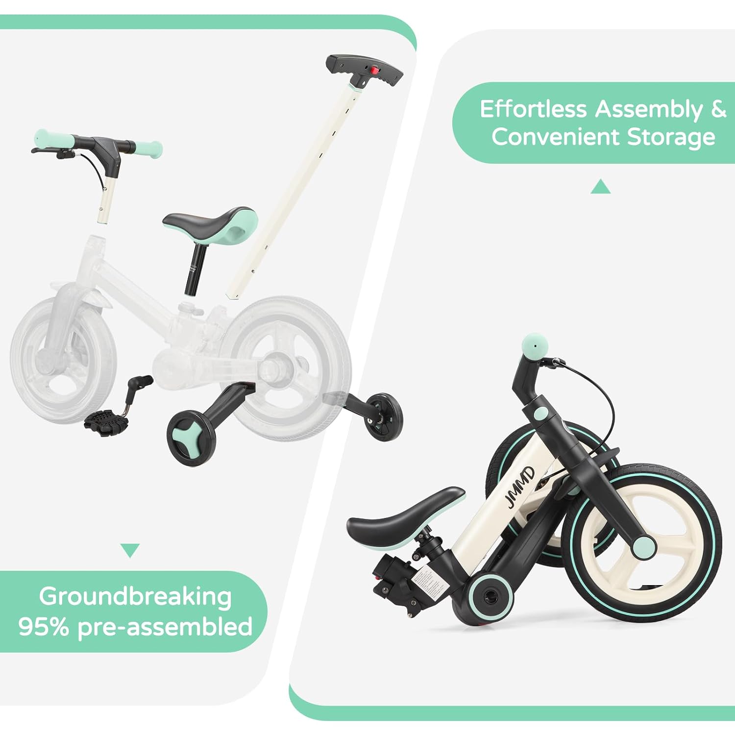 6 in 1 Toddler Bike with Push Handle for Kids 18-60 Months, 12 Foldable Balance Bike with Training Wheels, Pedals, Brakes, Kickstand, Push Tricycle Toddler Gift & Toys for Boy & Girl