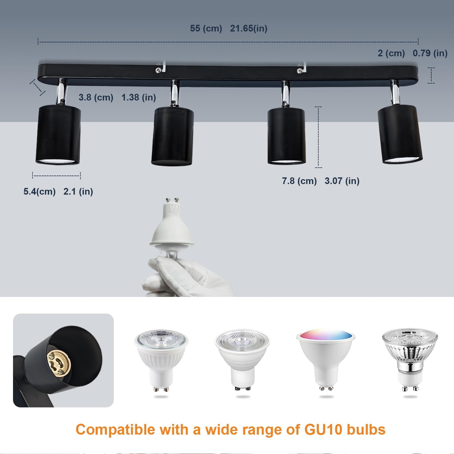 Ceiling Spotlights Black, 5W GU10 6000K Cool White 4 Way Rotatable Kitchen Lights for Ceiling, Wall-mountable