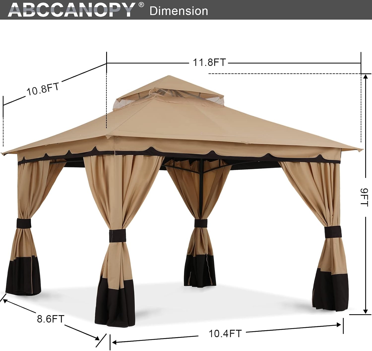ABCCANOPY 3x3.6M Pop-up Gazebo Double Tier Roof Outdoor Canopy Shelter with Curtains Sidewalls, Beige
