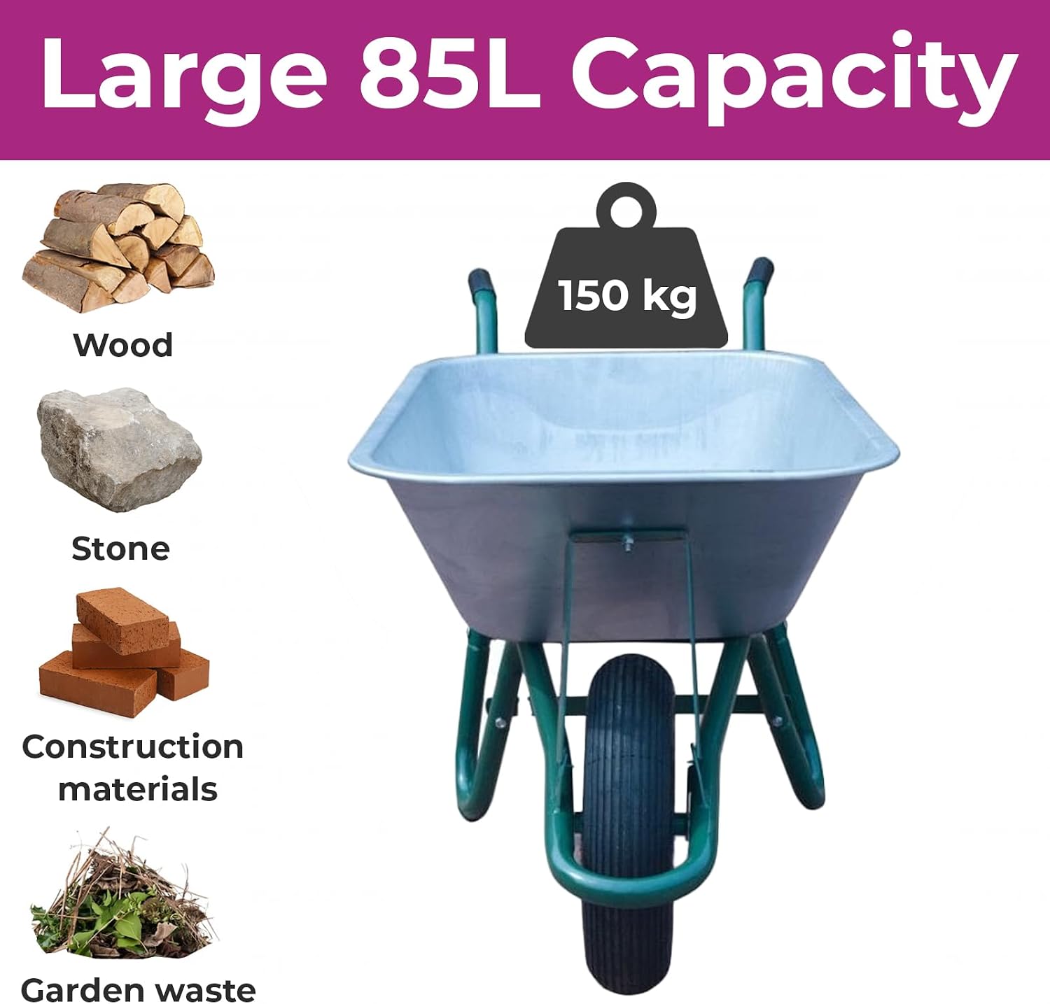 Wheelbarrow Home Garden Cart Galvanised with Pneumatic Tyre (85L) Silver
