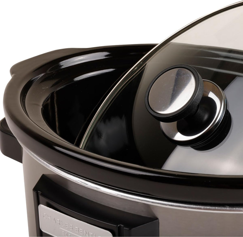 CHARLES BENTLEY 3.5L Capacity, Slow Cooker, Black, Removable Ceramic Bowl, Small, Stainless Steel, Tempered Glass Lid, Serves 2-3 People, 180W, 2 Heat Settings, Keep Warm Function (34x25.2x22.1cm)