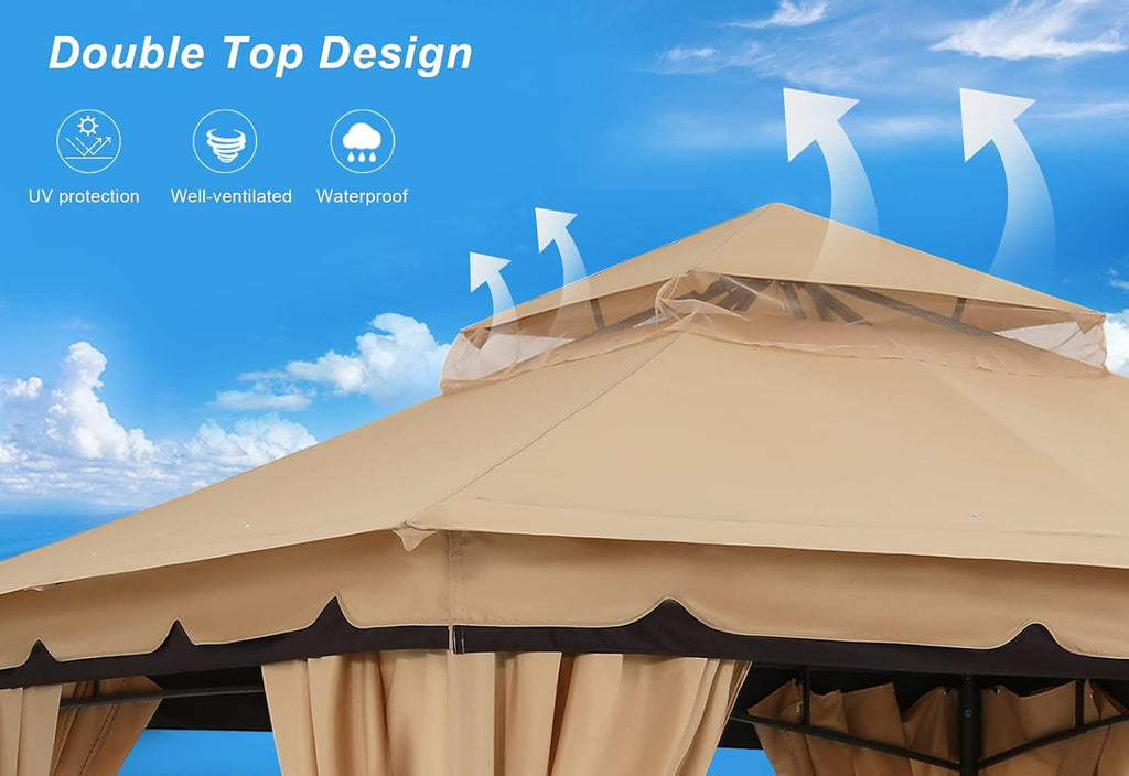 ABCCANOPY 3x3.6M Pop-up Gazebo Double Tier Roof Outdoor Canopy Shelter with Curtains Sidewalls, Beige