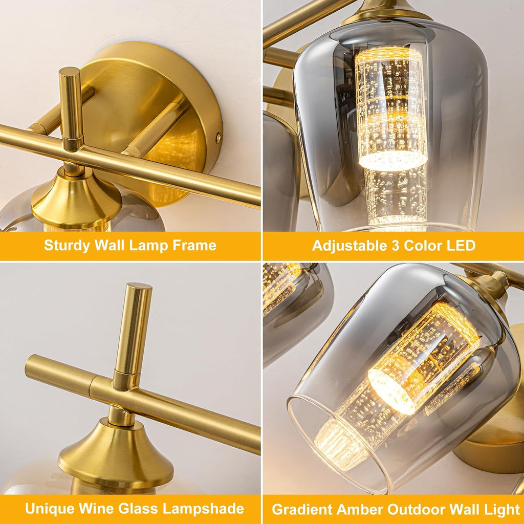 WILON Bathroom Wall Light Fixtures Over Mirror, 3-Light Bathroom lamp Wall with Grey Gradient Lampshade, Wall Lights with LED Acrylic Bubble Light Column, Wall Scones for Living Room Kitchen Bedroom