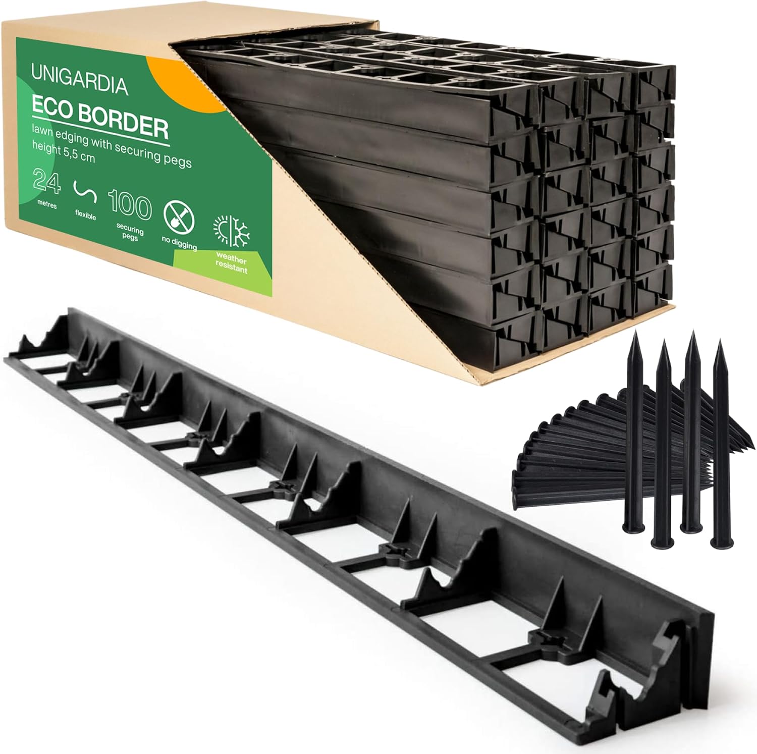 Flexible Lawn Edging 24 m - Invisible Plastic Garden Edge with 100 Securing Pegs - Easy to Use, Weather Resistant - Grass, Flowerbed & Path Border Edging, Height 55 mm, Black