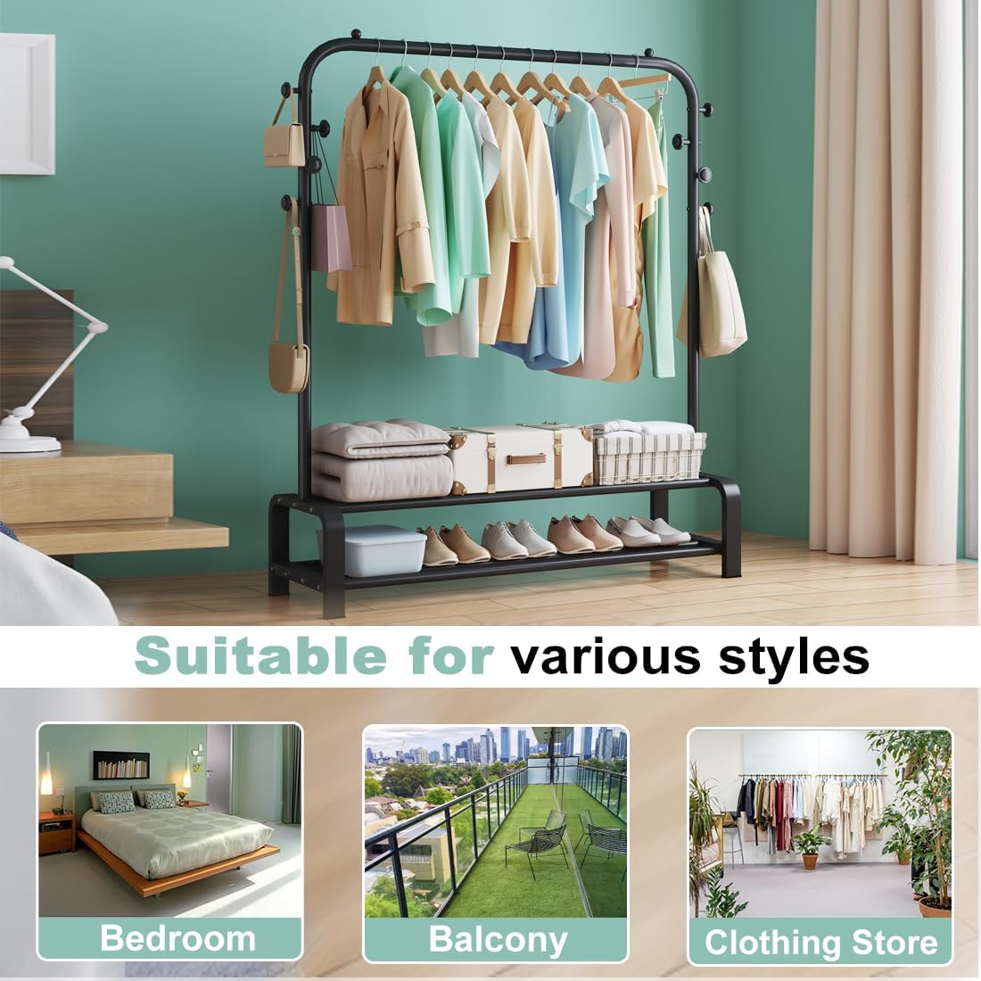 Heavy Duty Clothes Rail for Bedroom, Metal Coat Stand Rack, Freestanding Clothing Garment Hanging Rails, Clothes Storage Organiser, 2 Tiers Shoe Rack+6 Side Hooks Storage Shelf (Black)