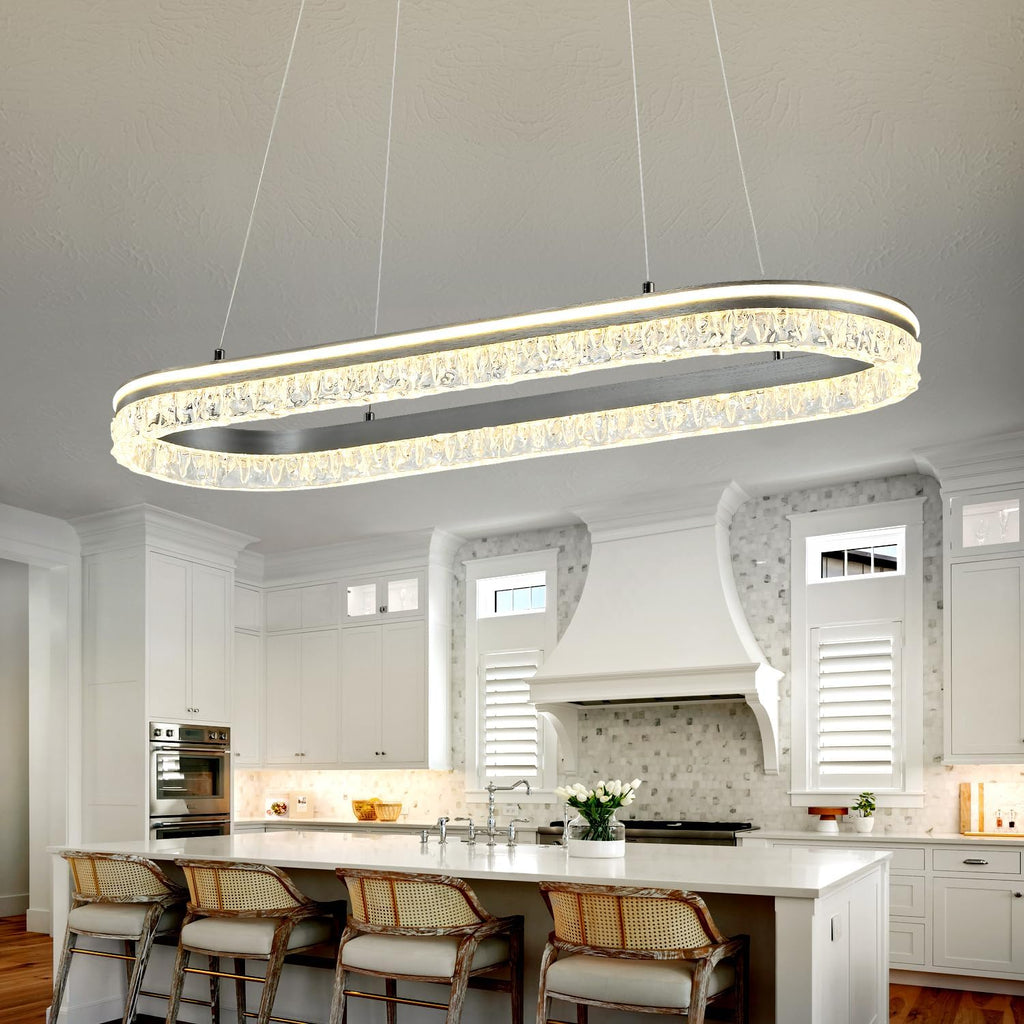 Modern Kitchen Island Chandelier with Dimmable Led Oval Track Design, Featuring A Silver Gray Aluminum Bar, Suitable for Dining Room, Kitchen, Breakfast Area, and Living Room Lighting.
