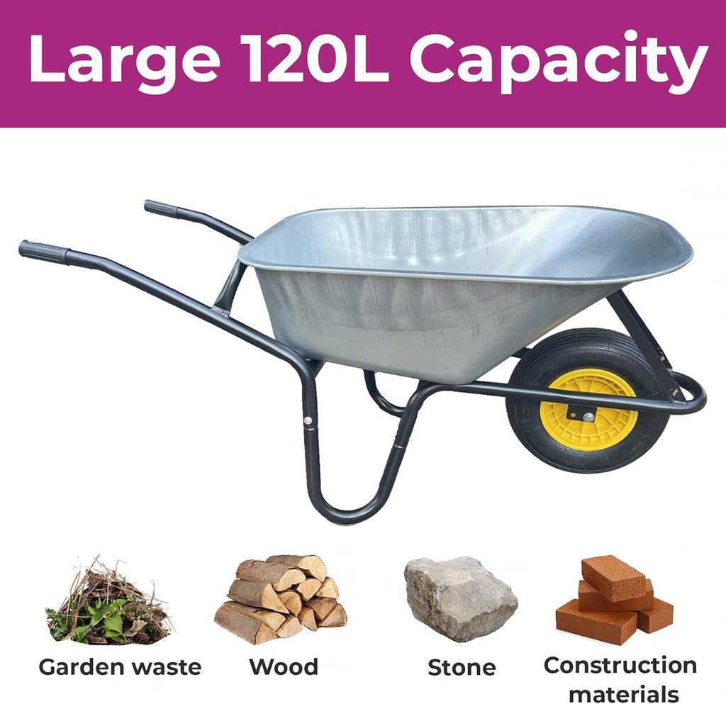 Neo 120L Large Heavy Duty Solid Wheelbarrow Wheel Barrow Garden Trolley Tyre