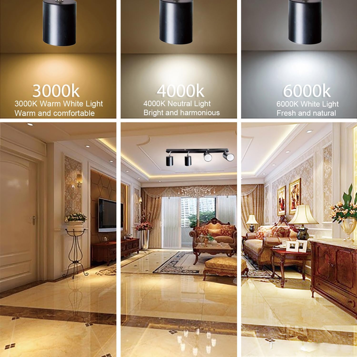 Ceiling Spotlights Black, 5W GU10 6000K Cool White 4 Way Rotatable Kitchen Lights for Ceiling, Wall-mountable