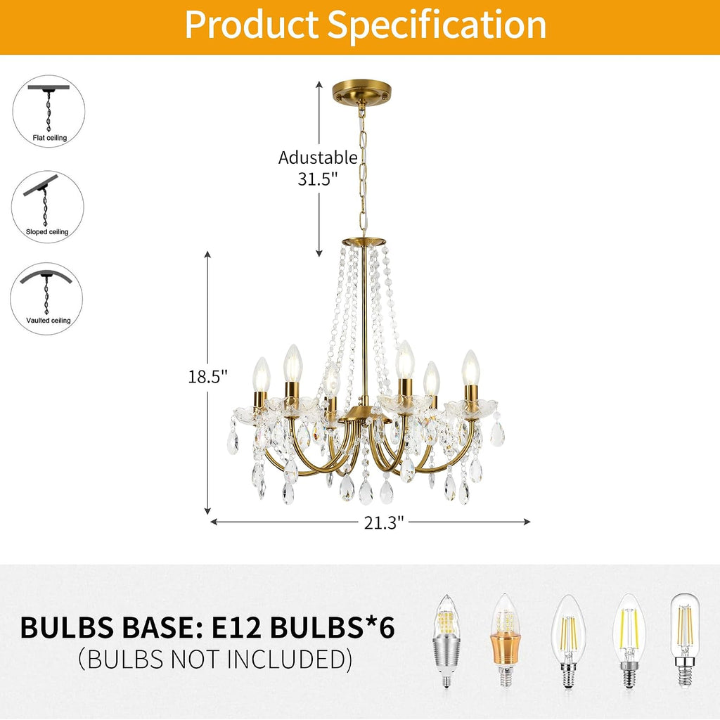 Crystal Chandelier,K9 Crystal Pendant Lighting for Living Room Golden Ceiling Fixture for Wedding,Kitchen,Dining,Foyer,H 18.5" x W 21.3"