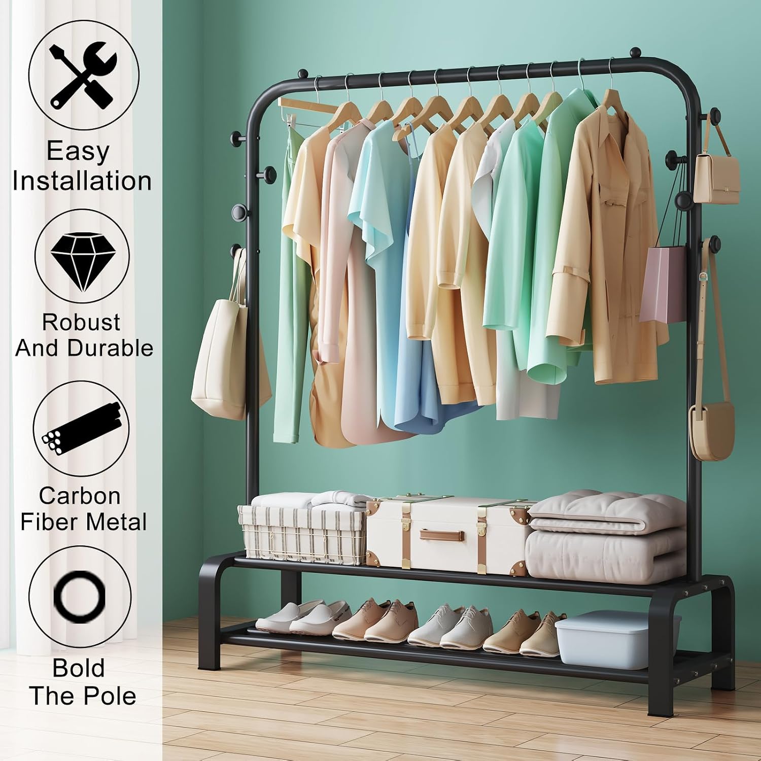 Heavy Duty Clothes Rail for Bedroom, Metal Coat Stand Rack, Freestanding Clothing Garment Hanging Rails, Clothes Storage Organiser, 2 Tiers Shoe Rack+6 Side Hooks Storage Shelf (Black)