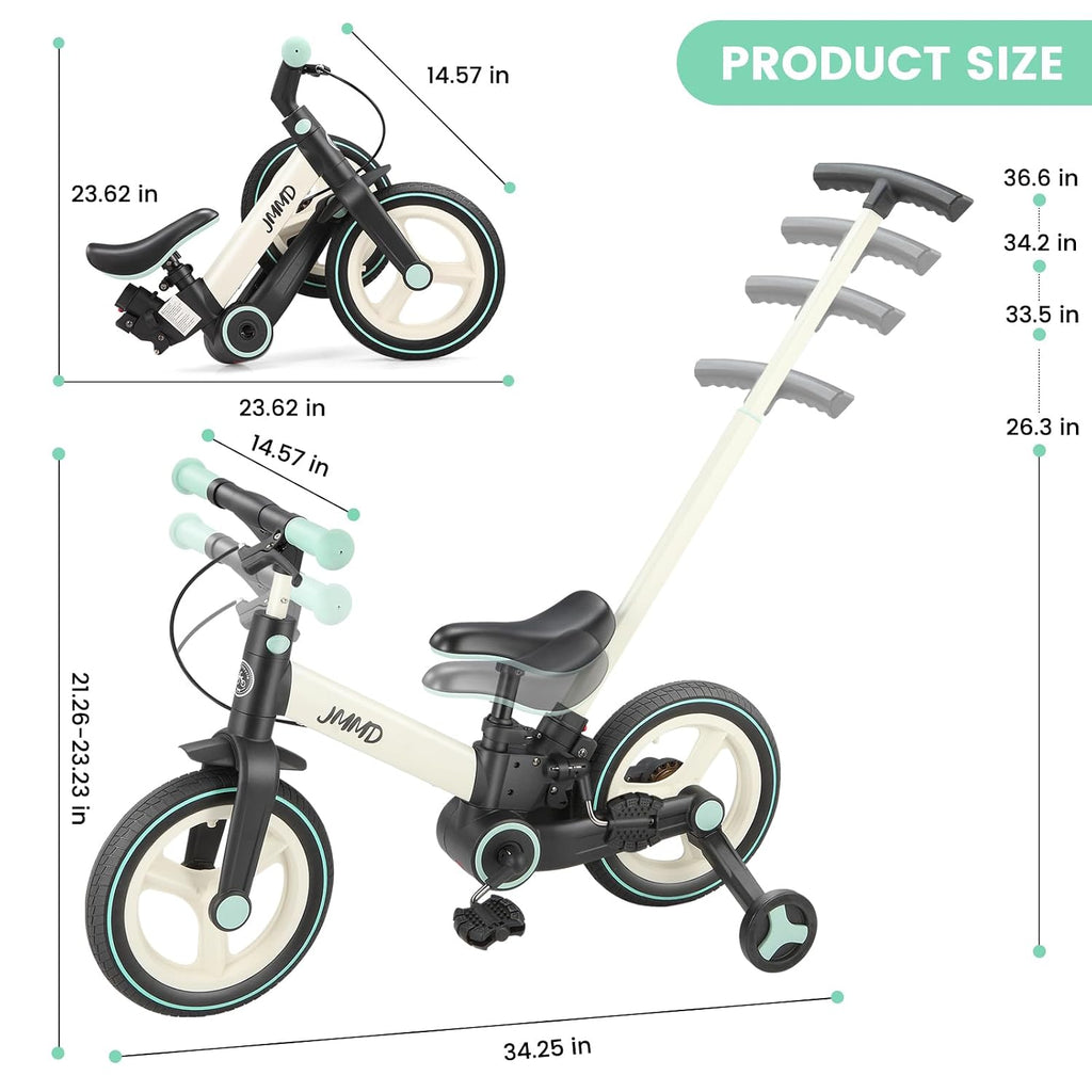 6 in 1 Toddler Bike with Push Handle for Kids 18-60 Months, 12 Foldable Balance Bike with Training Wheels, Pedals, Brakes, Kickstand, Push Tricycle Toddler Gift & Toys for Boy & Girl