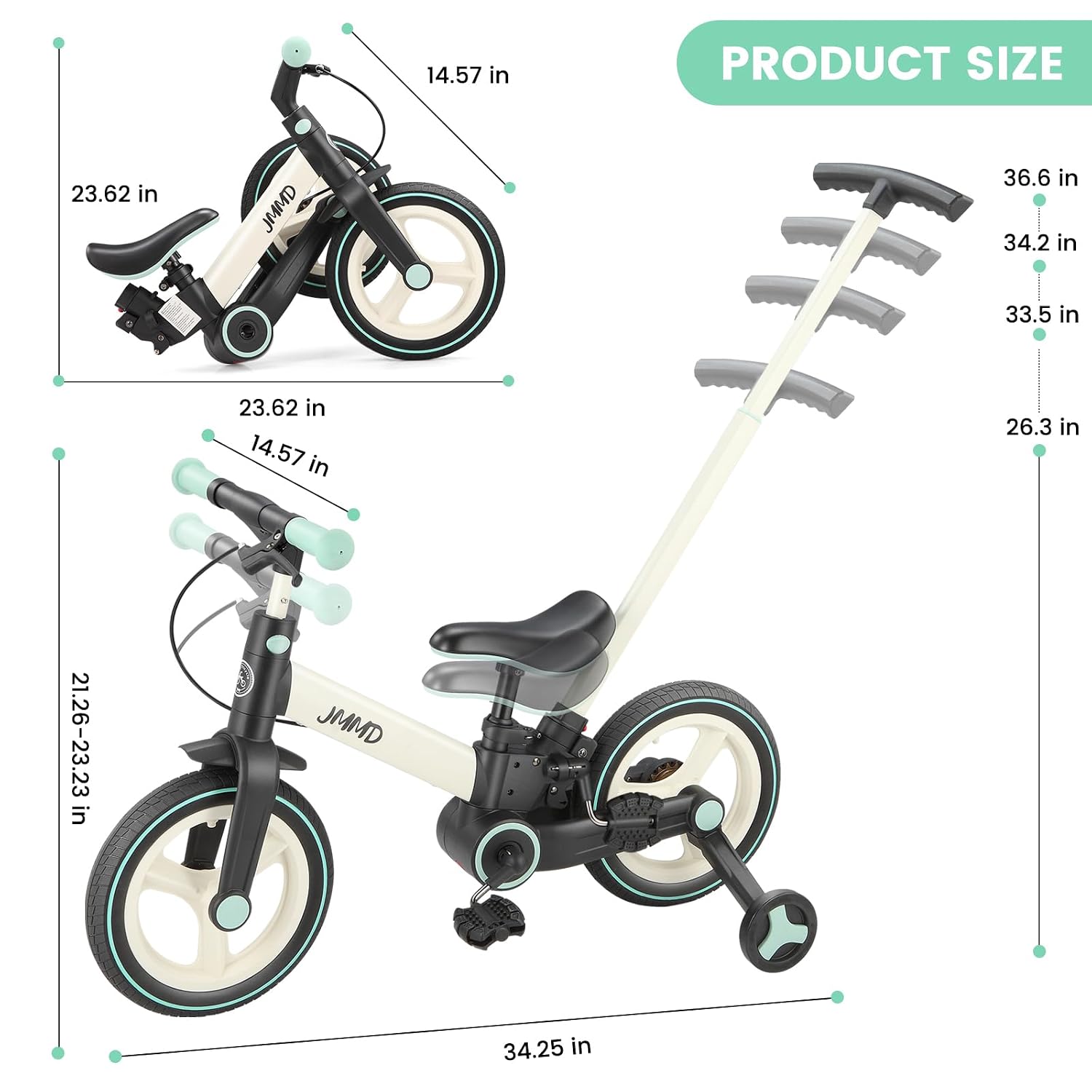 6 in 1 Toddler Bike with Push Handle for Kids 18-60 Months, 12 Foldable Balance Bike with Training Wheels, Pedals, Brakes, Kickstand, Push Tricycle Toddler Gift & Toys for Boy & Girl