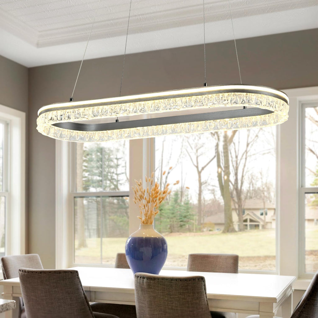 Modern Kitchen Island Chandelier with Dimmable Led Oval Track Design, Featuring A Silver Gray Aluminum Bar, Suitable for Dining Room, Kitchen, Breakfast Area, and Living Room Lighting.