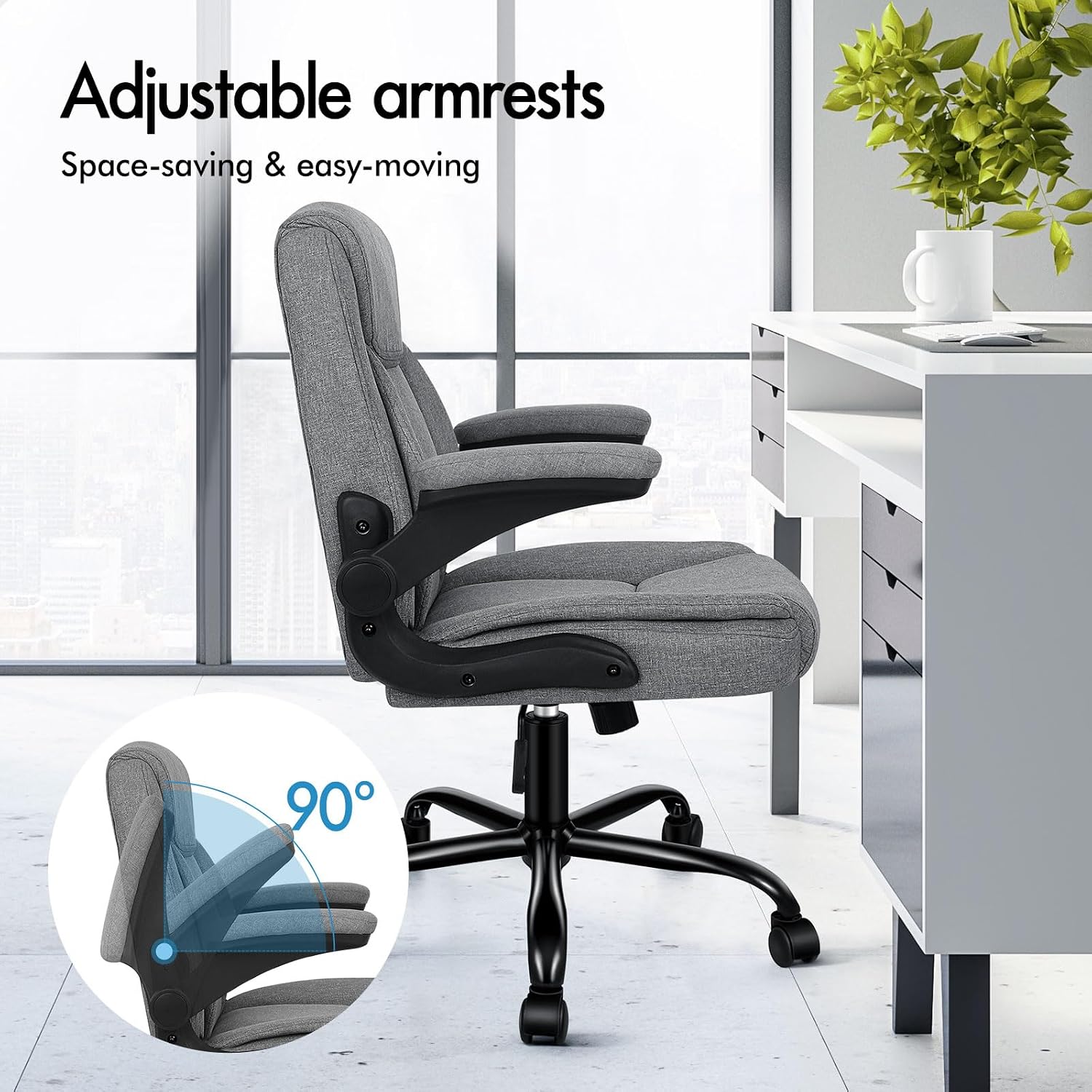 ELFORDSON Massage Home Office Chair, Mid-back Executive Work Chairs with 90° Flip-up Armrests, Adjustable Height, Swivel, Ergonomic Heavy-duty Desk Work Chair, PU Leather, Grey