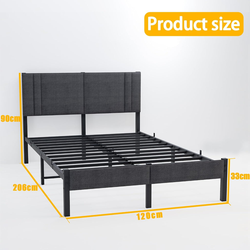 King Size Bed Frame Upholstered Platform with Headboard,150×200cm Metal King Size Bed Frame with Slats Support, Mattress Foundation, Dark Grey