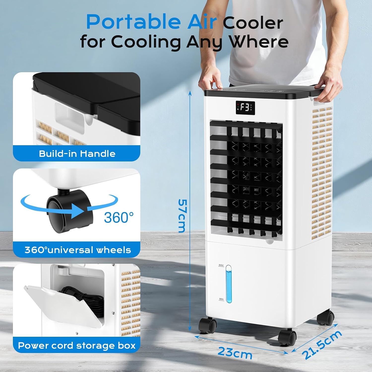 Mobile Air Conditioners, 60W Evaporative Air Cooler, LED Display 10M/S 3 Modes 8L Tank 12H Timer 60°/120° Oscillation Low Noise, Touch/Remote Control 4 Ice Box Air Conditioner Unit for Home Bedroom [Energy Class A++]