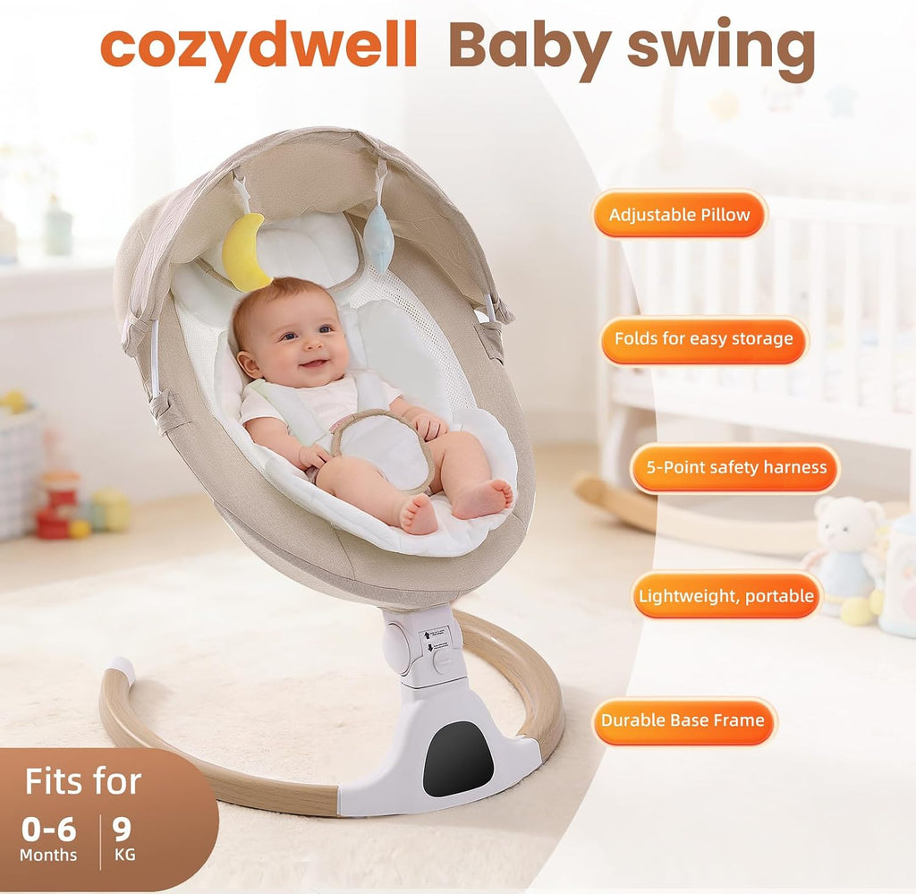 Electric Baby Swing Chair from Birth, 0–6 Months, max 9kg，Portable Newborn Baby Bouncer with Bluetooth, Rocking Rocker Chair 5 Swing Speed, 3 Angle Position, Remote Control & Touch Panel Beige