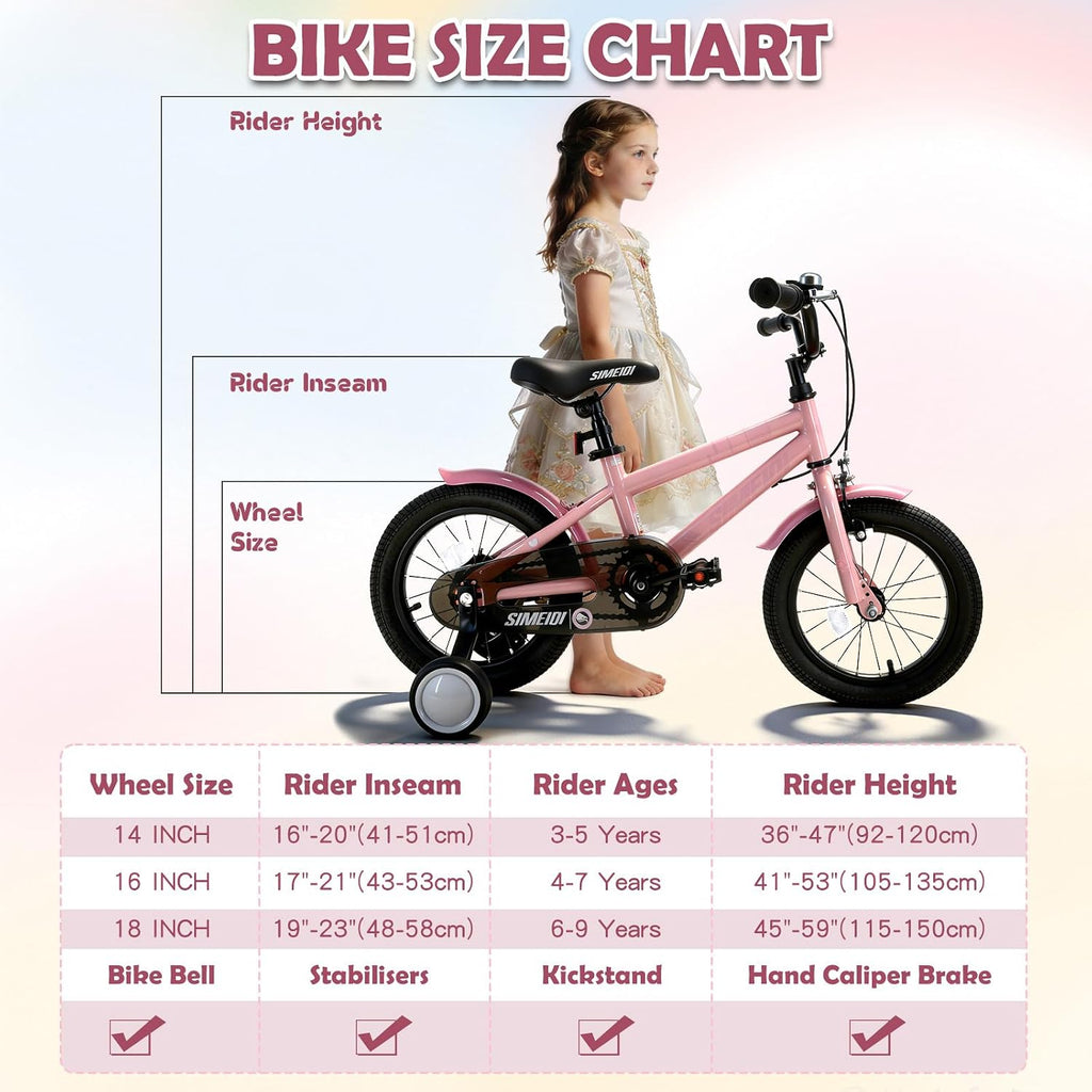 SIMEIQI 14 16 18 Inch Kids Bike for 3-9 Years Boys and Girls with Stabilisers & Kickstand