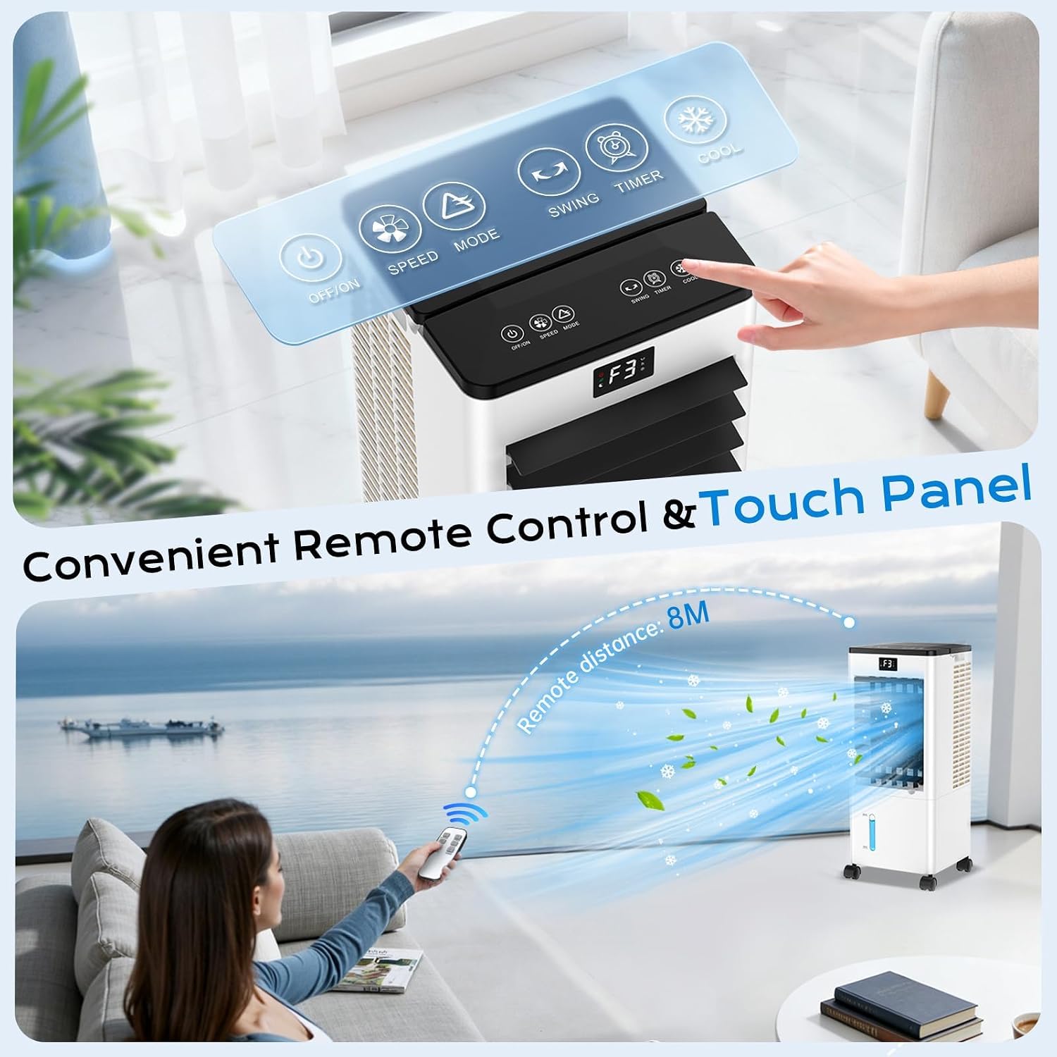 Mobile Air Conditioners, 60W Evaporative Air Cooler, LED Display 10M/S 3 Modes 8L Tank 12H Timer 60°/120° Oscillation Low Noise, Touch/Remote Control 4 Ice Box Air Conditioner Unit for Home Bedroom [Energy Class A++]