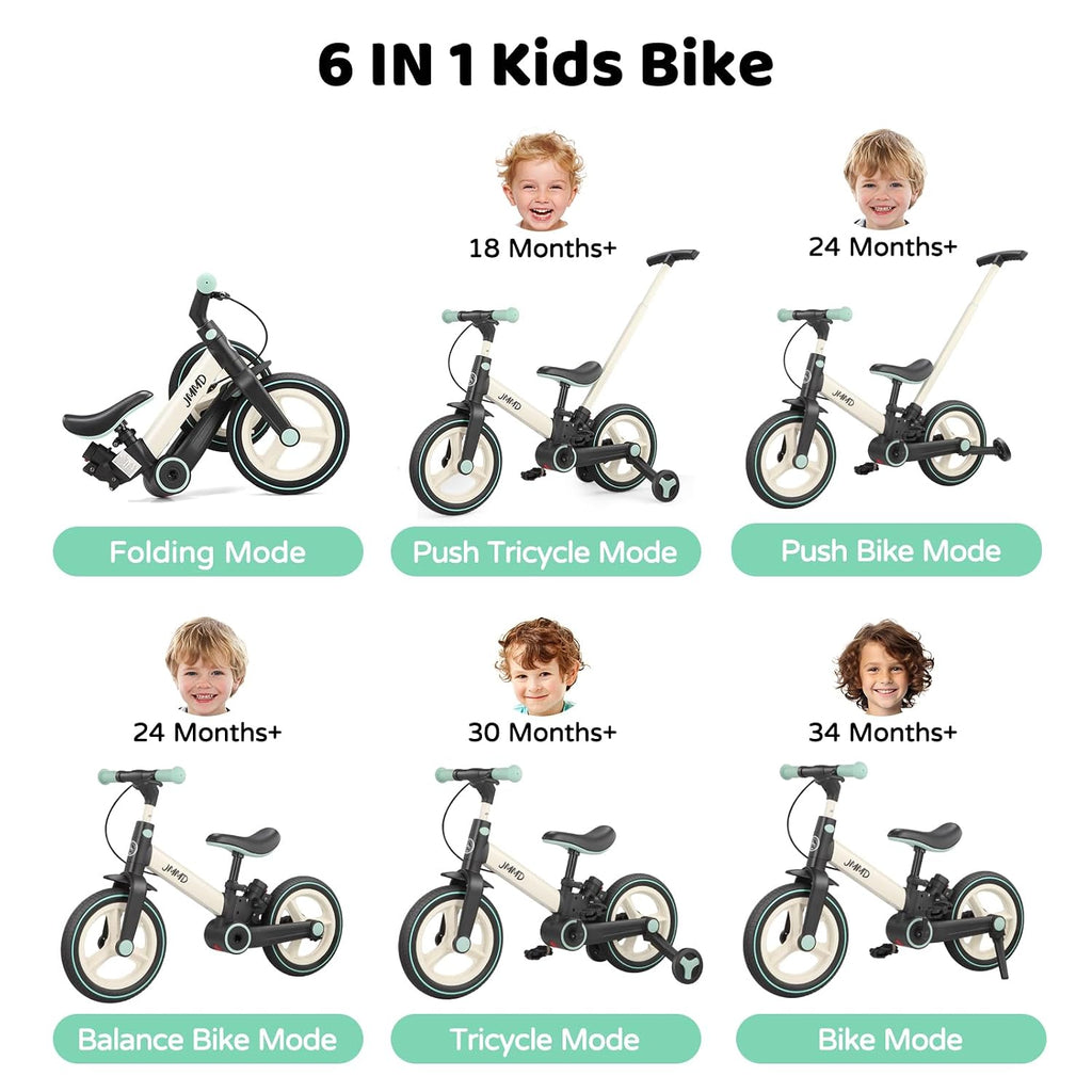 6 in 1 Toddler Bike with Push Handle for Kids 18-60 Months, 12 Foldable Balance Bike with Training Wheels, Pedals, Brakes, Kickstand, Push Tricycle Toddler Gift & Toys for Boy & Girl