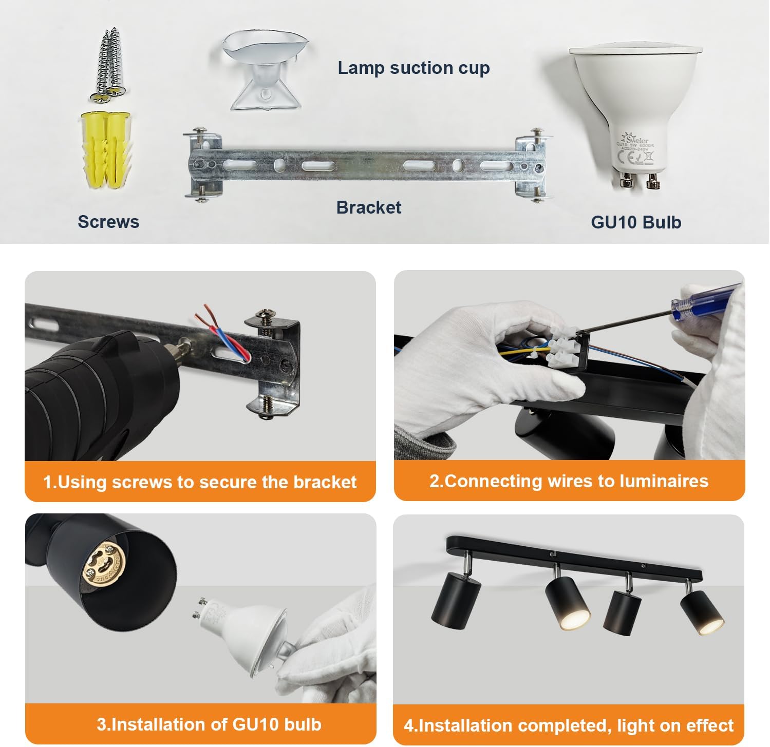 Ceiling Spotlights Black, 5W GU10 6000K Cool White 4 Way Rotatable Kitchen Lights for Ceiling, Wall-mountable
