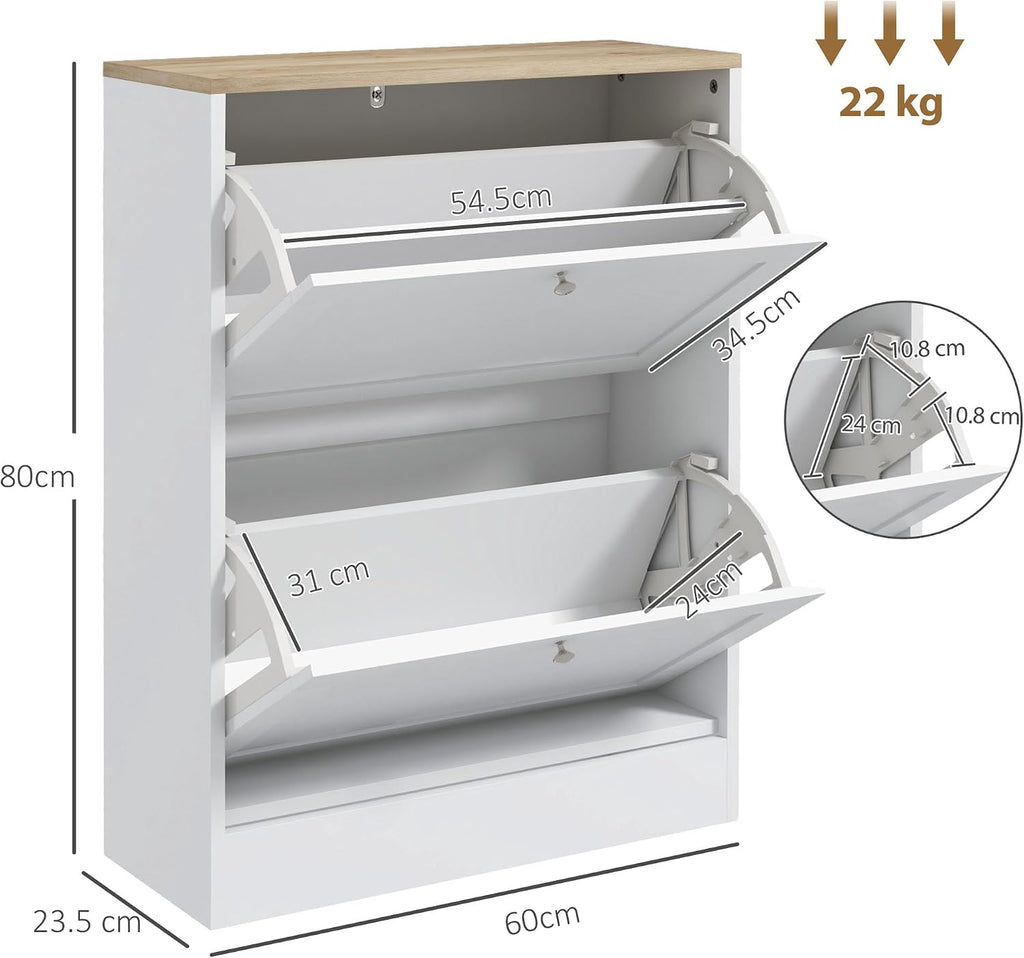 HOMCOM Shoe Cabinet with 2 Flip Drawers, Narrow Slim Shoe Rack, White | Freestanding, Storage Cabinet, for Entryway, Hallway