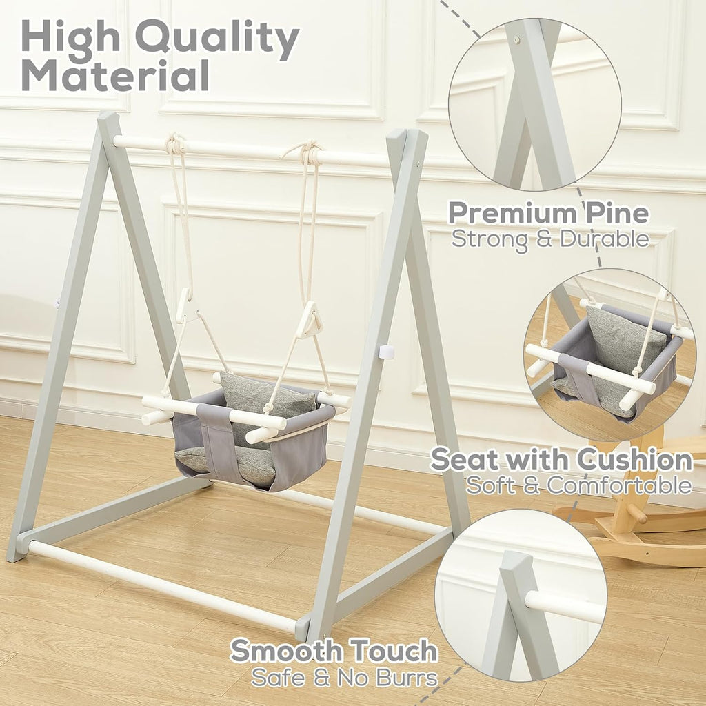 FUNLIO Wooden Swing Set for Toddlers 6-36 Months, Foldable Baby Swing Set with Durable Pine, Portable Toddler Swing with 4 Sandbags & Extension Straps, for Indoor/Outdoor/Backyard - Grey