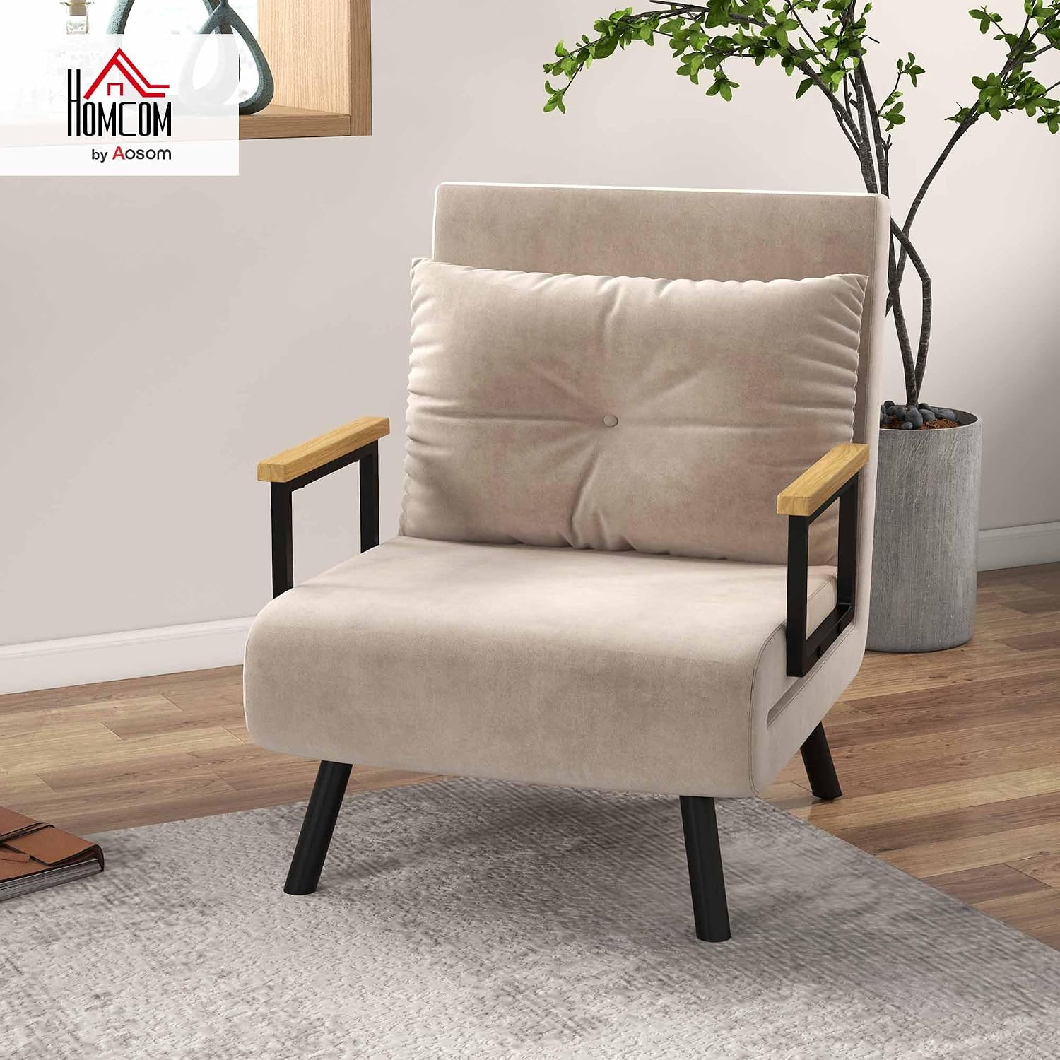 HOMCOM Single Chair Bed, Click Clack Convertible Bed Settee, Modern Velvet Feel Fabric Chai