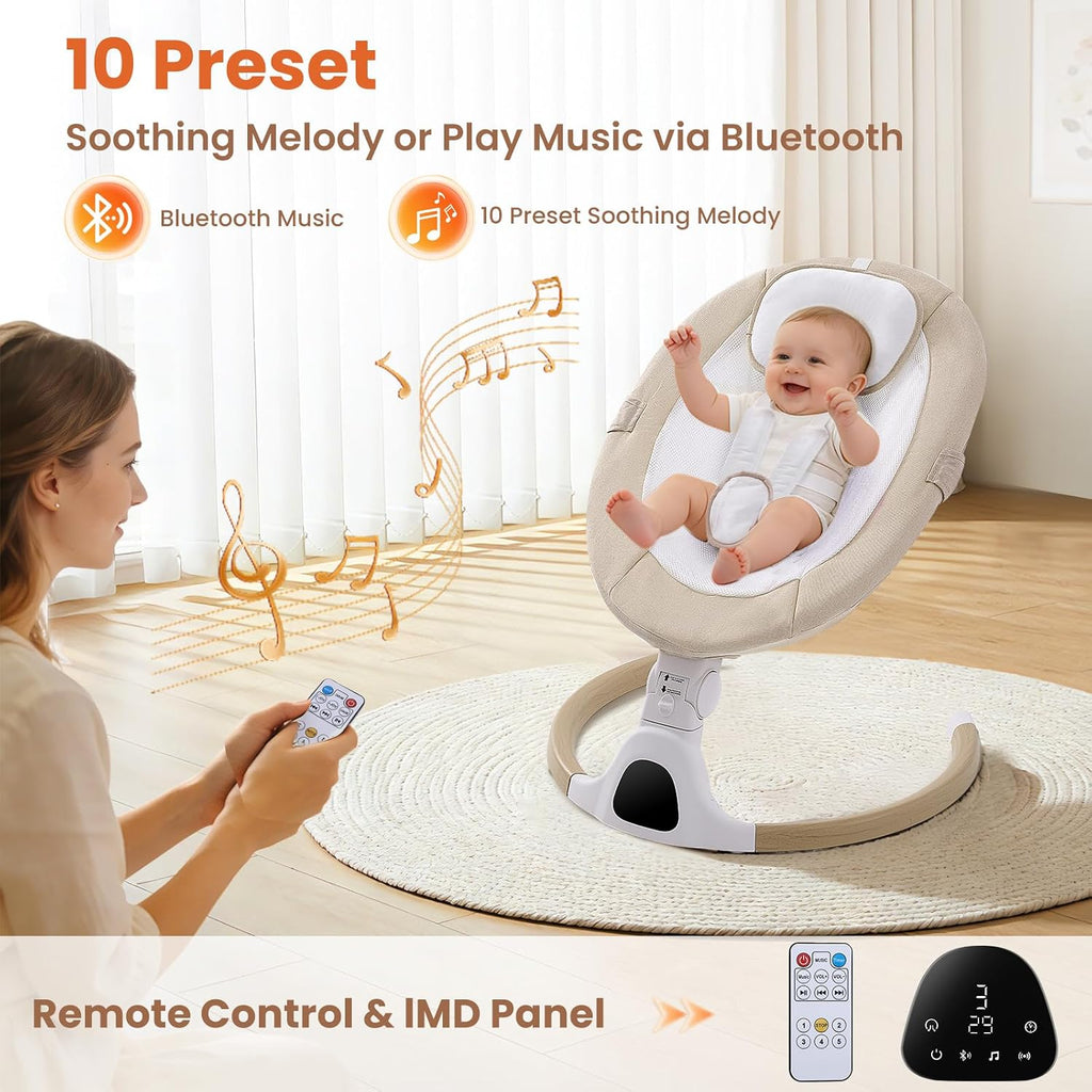 Electric Baby Swing Chair from Birth, 0–6 Months, max 9kg，Portable Newborn Baby Bouncer with Bluetooth, Rocking Rocker Chair 5 Swing Speed, 3 Angle Position, Remote Control & Touch Panel Beige