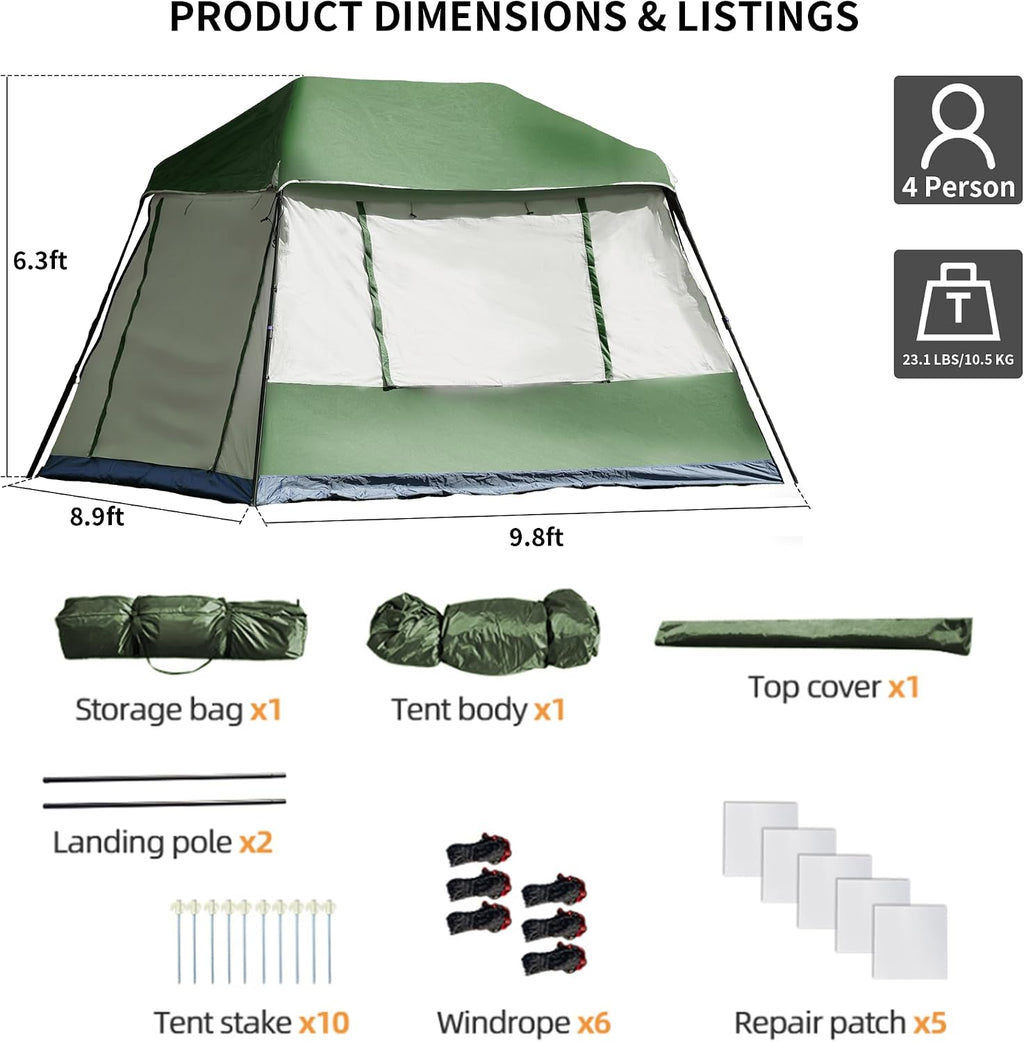 TENPLAY Pop Up Cabin 4 Person Tent, Instant 3 Min Setup, Family Camping Shelter with Rainfly, 210D Oxford Waterproof PU3000mm, 4-Season Portable with Carry Bag, for Travel,Picnic,Party, Outdoor