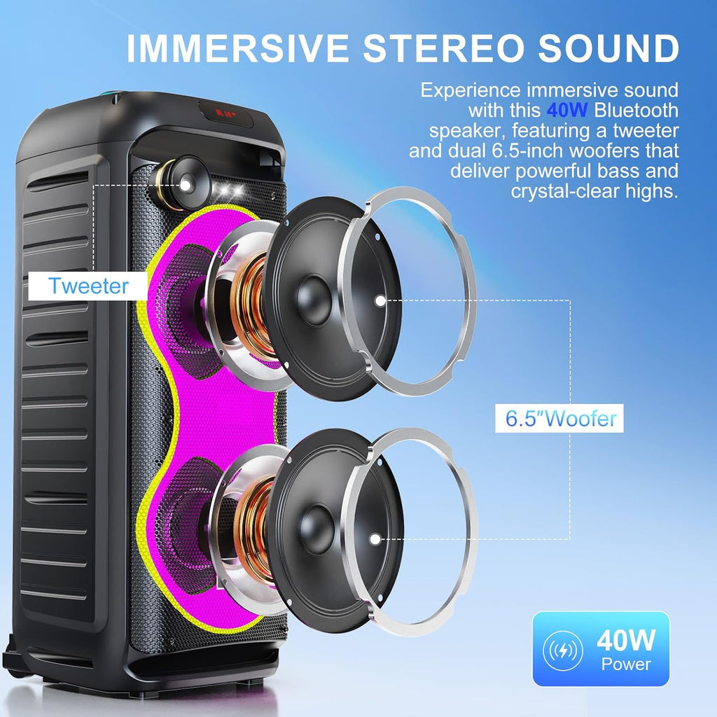 Bluetooth Karaoke Speaker with 2 Wireless Microphones – 40W Portable PA System with LED Lights, TWS Pairing, 6.5” Dual Woofers, Rolling Wheels, Rechargeable Battery - for Party/Home/Outdoor