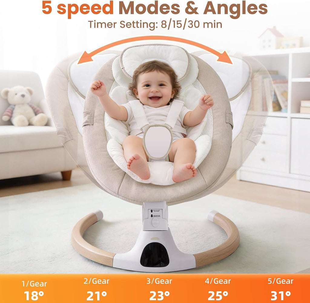 Electric Baby Swing Chair from Birth, 0–6 Months, max 9kg，Portable Newborn Baby Bouncer with Bluetooth, Rocking Rocker Chair 5 Swing Speed, 3 Angle Position, Remote Control & Touch Panel Beige
