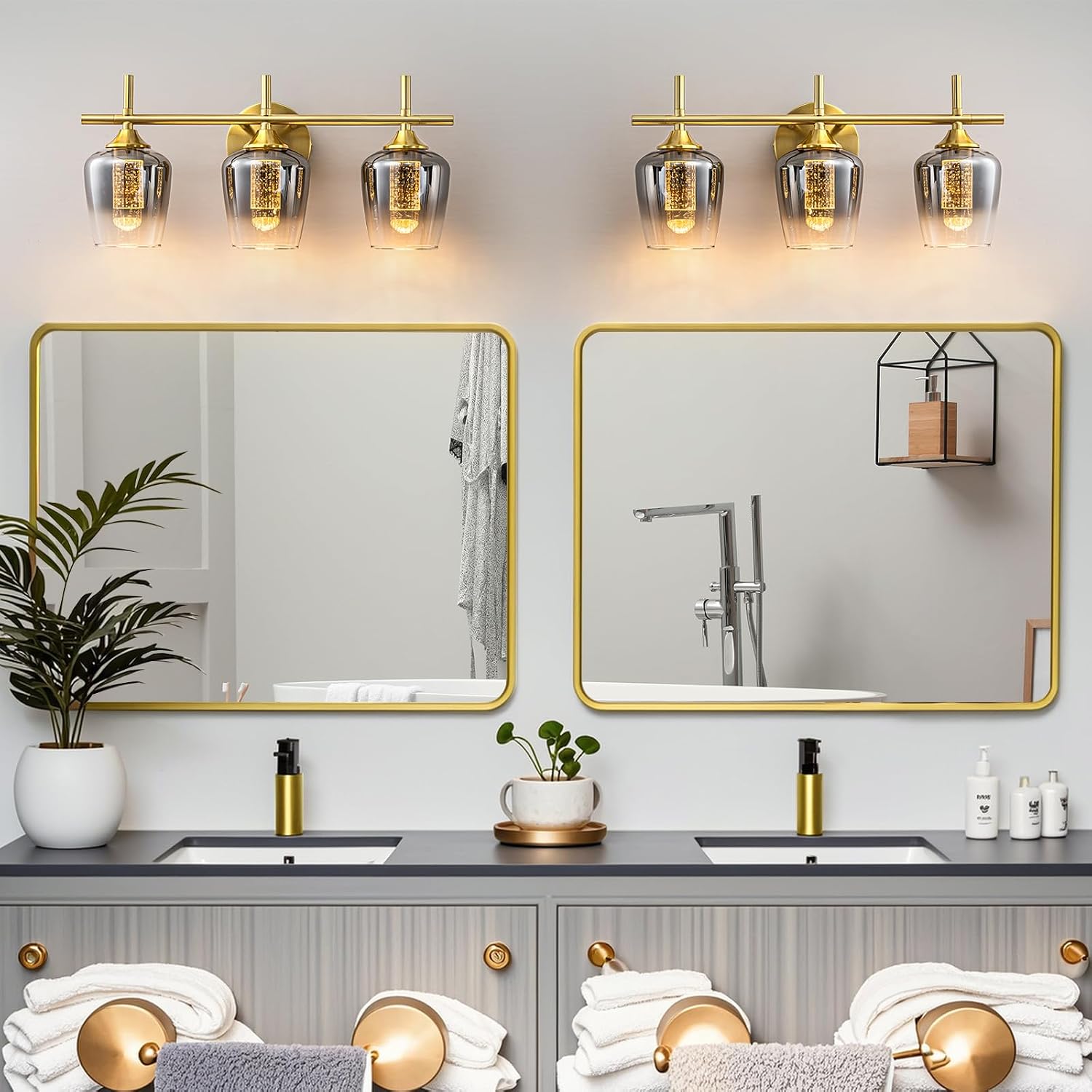 WILON Bathroom Wall Light Fixtures Over Mirror, 3-Light Bathroom lamp Wall with Grey Gradient Lampshade, Wall Lights with LED Acrylic Bubble Light Column, Wall Scones for Living Room Kitchen Bedroom