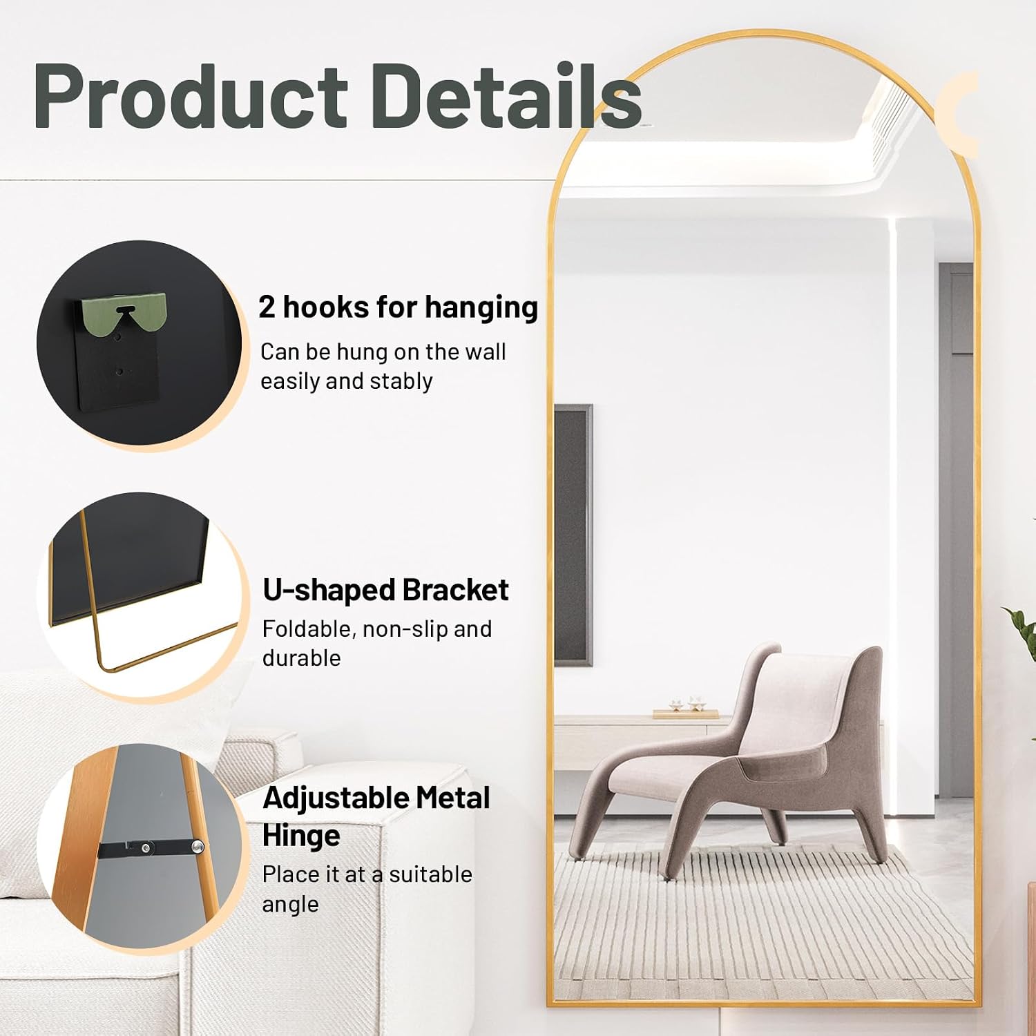 Beauty4U Arched Full Length Mirror 200x100cm, Gold | Free Standing, Hanging or Leaning, Arched Top Large Floor Mirror with Aluminum Alloy Frame for Living Room or Bedroom