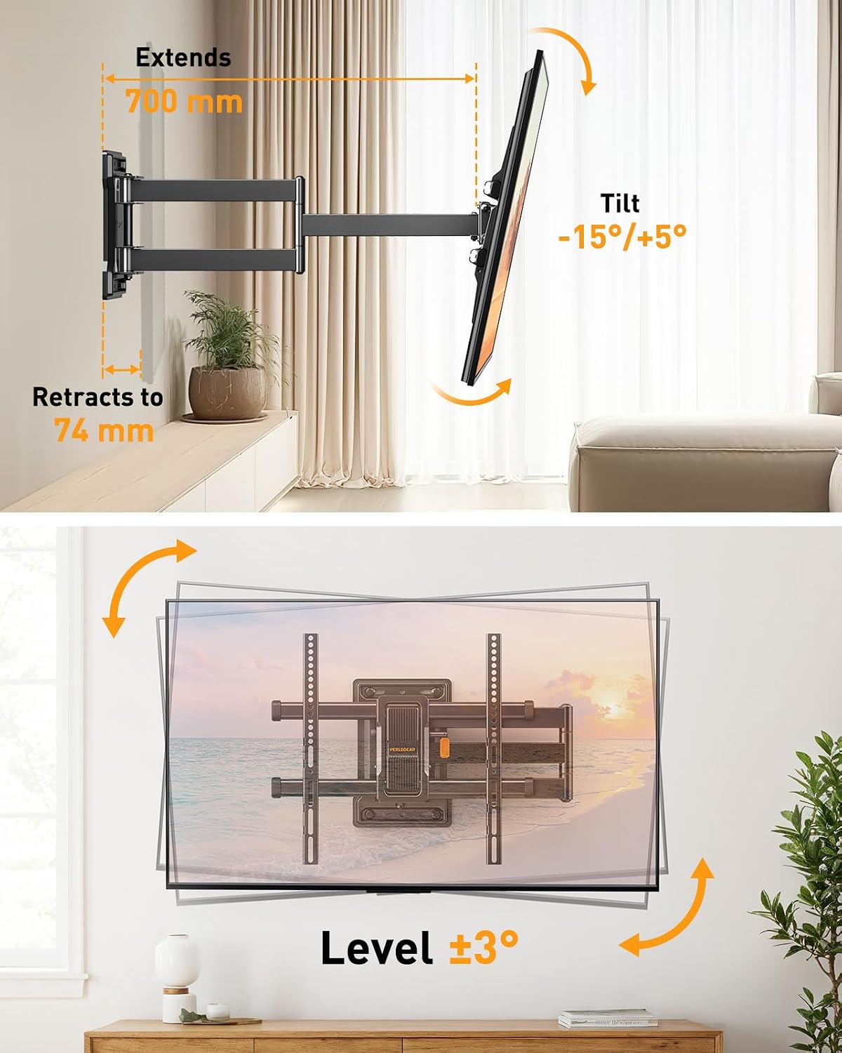 Perlegear Long Reach 700mm Full Motion TV Wall Bracket for 32–65 inch TVs