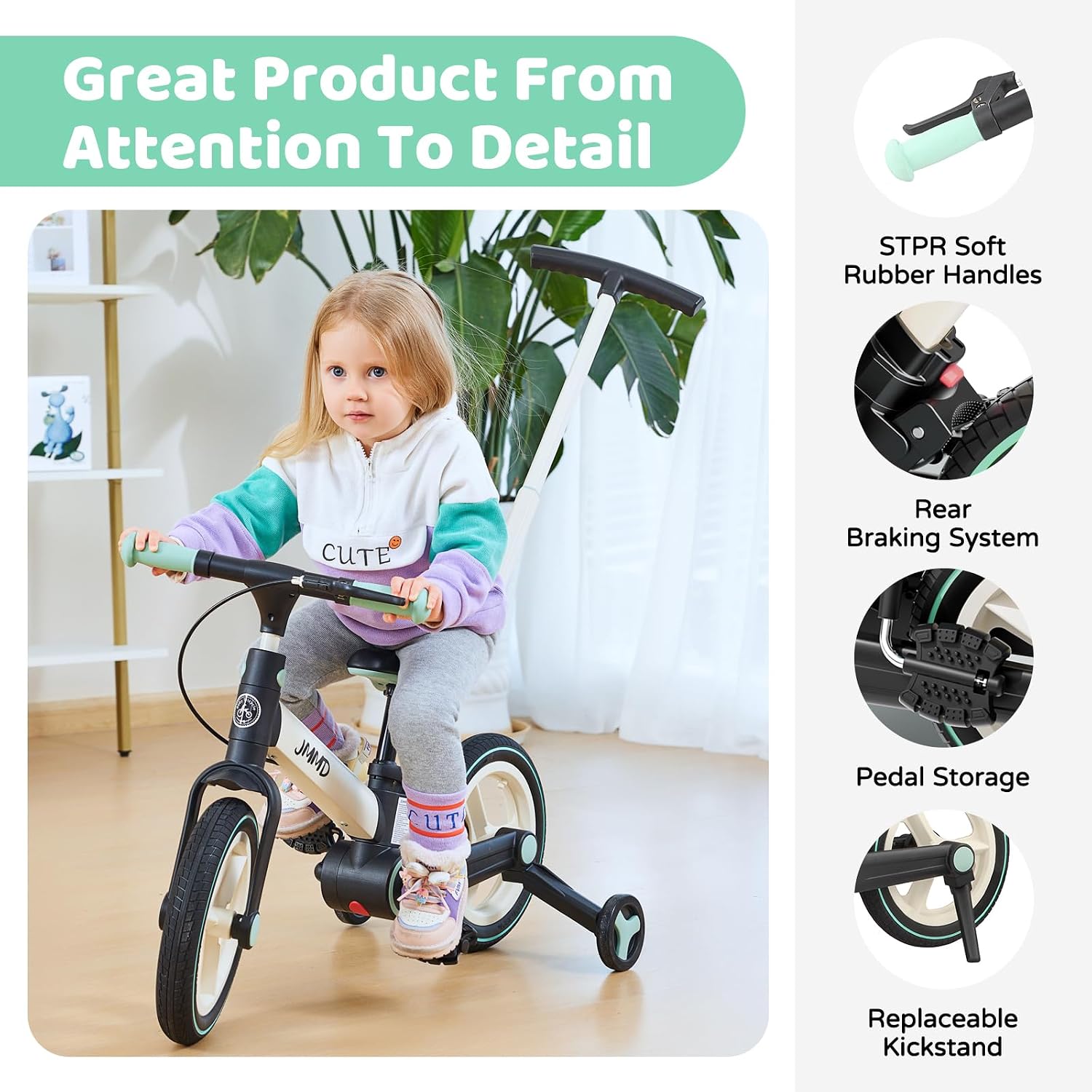 6 in 1 Toddler Bike with Push Handle for Kids 18-60 Months, 12 Foldable Balance Bike with Training Wheels, Pedals, Brakes, Kickstand, Push Tricycle Toddler Gift & Toys for Boy & Girl