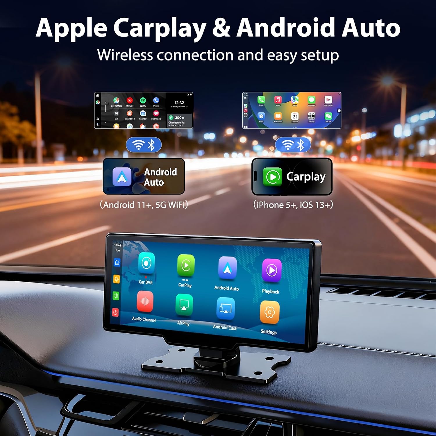 ELECROW 10.26" Wireless CarPlay Screen with 4K Dash Cam | Wireless Apple CarPlay Android Auto 4K front dash cam HD rear view camera mirror link voice control FM GPS navigation mount