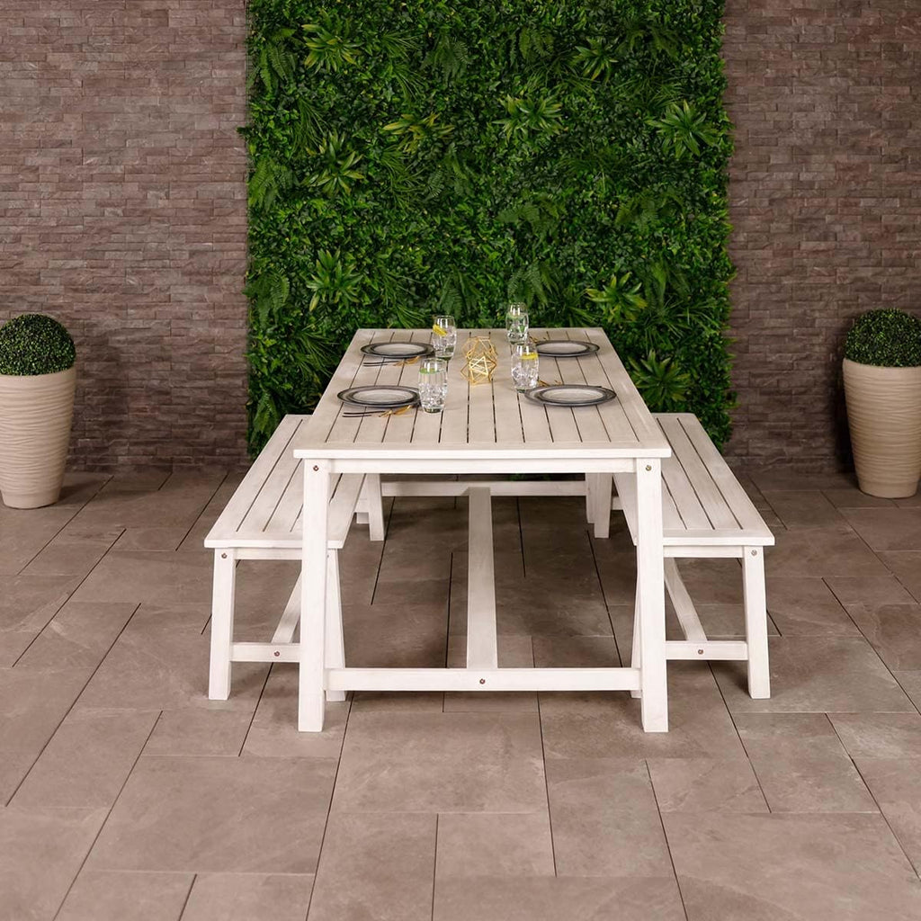 Acacia Wooden Bench Dining Set, White, Large
